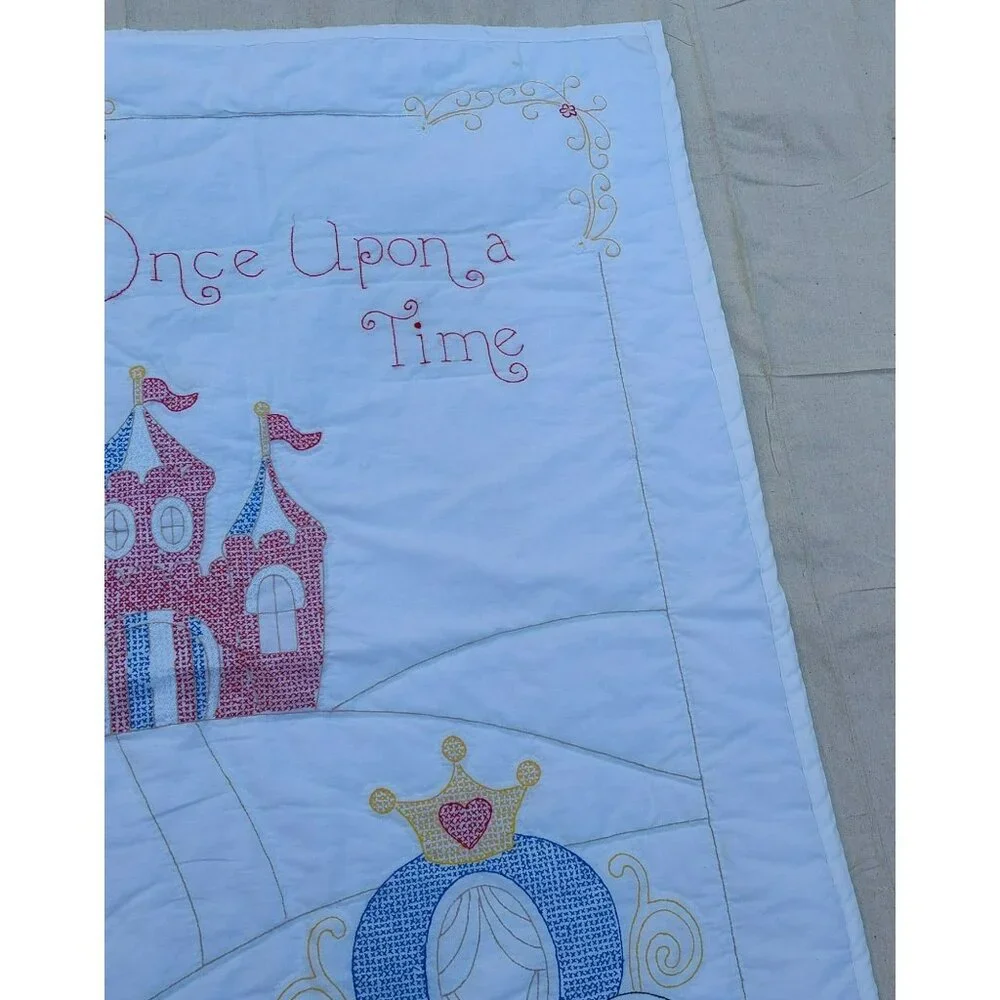 Handmade Baby Quilt, Embroidered Castle Carriage Once Upon a Time, 39